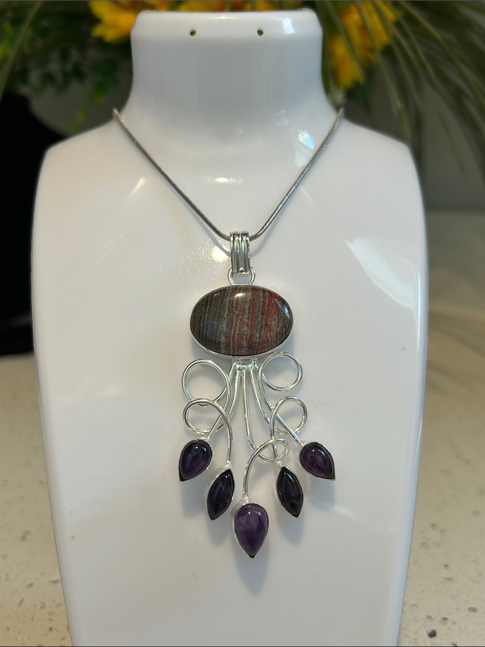 Red Rainbow Jasper & Amethyst Gemstone Handmade Pendant Necklace